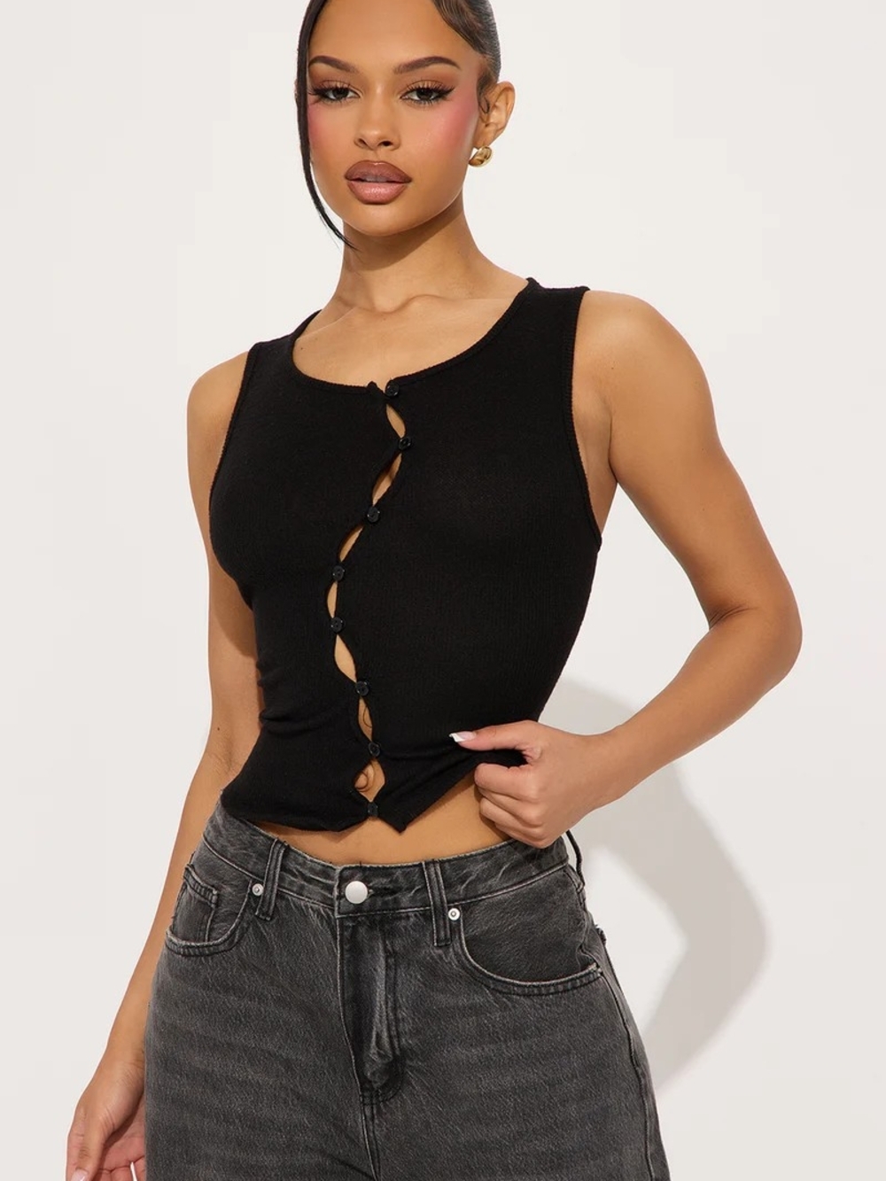 Fashion Nova Black Twist Button Crop Tank